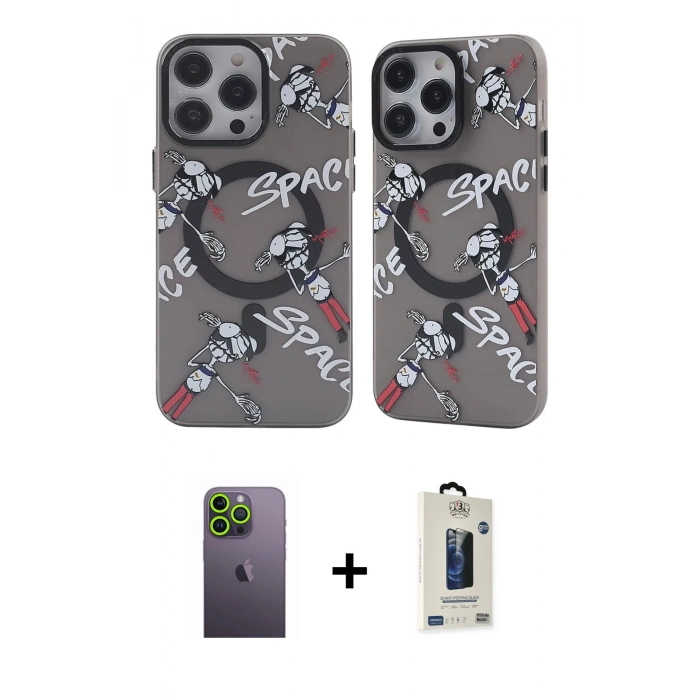 MARSİLYAN™- iPhone 12 Pro Max Kılıf Nova Doku Koleksiyonu - Siyah Bilvis Hayalet Cam Ekran Koruyucu + Neon Fosforlu Kamera Lens - YL