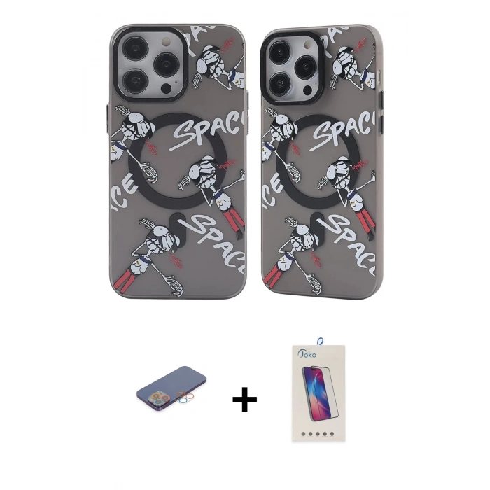 MARSİLYAN™- iPhone 12 Pro Max Kılıf Nova Doku Koleksiyonu - Siyah Joko 5D Cam + Renkli Kamera Lens Koruma Cam - PE