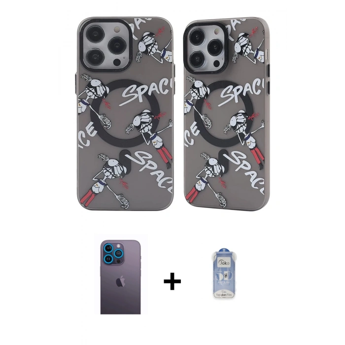 MARSİLYAN™- iPhone 12 Pro Max Kılıf Nova Doku Koleksiyonu - Siyah Joko Magic 5D Cam + Neon Fosforlu Kamera Lens - MI