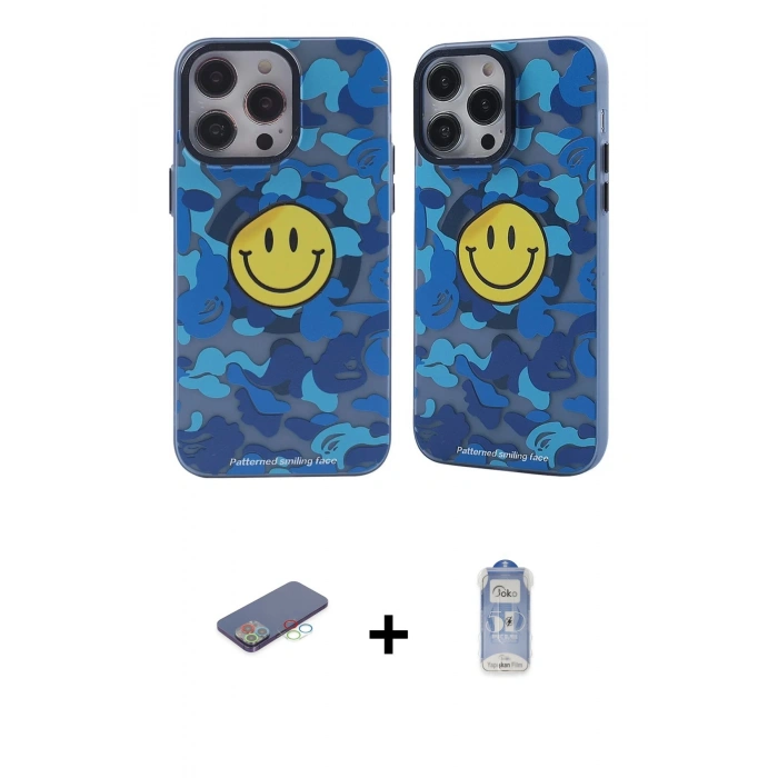 MARSİLYAN™- iPhone 12 Pro Max Kılıf Nova Doku Koleksiyonu - Siyah Joko Magic 5D Cam + Mavi Renkli Kamera Lens Koruma Cam
