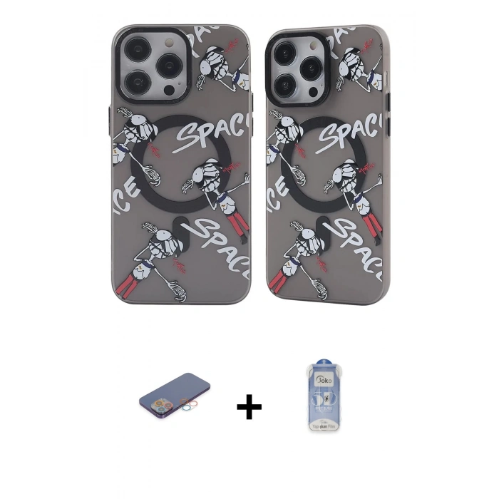 MARSİLYAN™- iPhone 12 Pro Max Kılıf Nova Doku Koleksiyonu - Siyah Joko Magic 5D Cam + Pembe Renkli Kamera Lens Koruma Cam