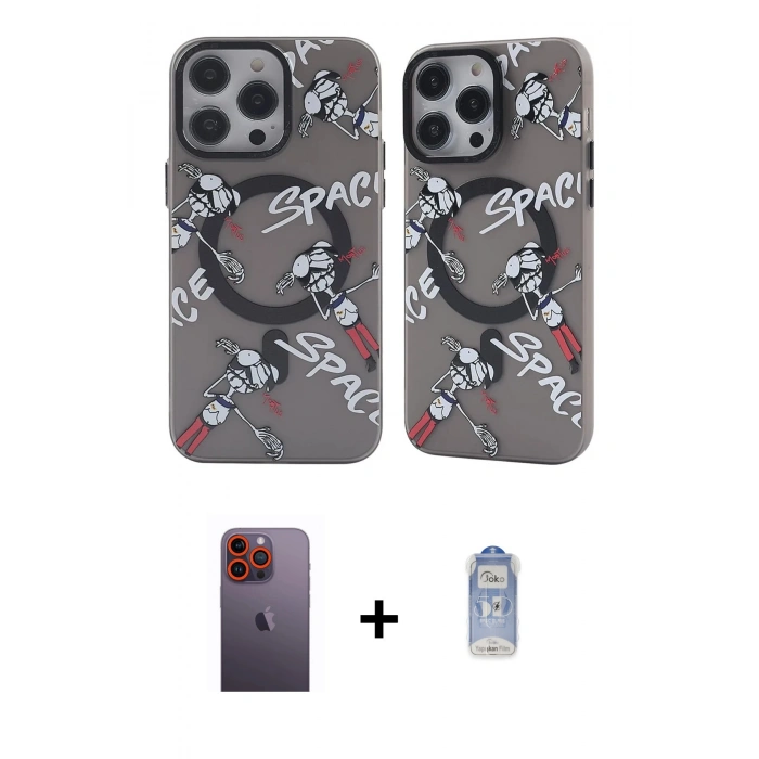 MARSİLYAN™- iPhone 12 Pro Max Kılıf Nova Doku Koleksiyonu - Siyah Joko Magic 5D Cam + Neon Fosforlu Kamera Lens - TU