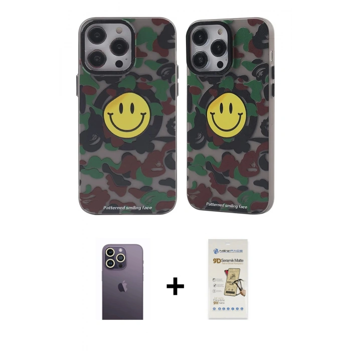 MARSİLYAN™- iPhone 12 Pro Max Kılıf Nova Doku Koleksiyonu - Siyah Mat Seramik Nano Ekran Koruyucu + Neon Fosforlu Kamera Lens - BZ