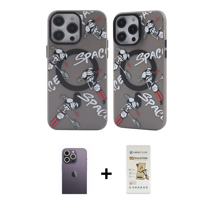 MARSİLYAN™- iPhone 12 Pro Max Kılıf Nova Doku Koleksiyonu - Siyah Mat Seramik Nano Ekran Koruyucu + Neon Fosforlu Kamera Lens - BZ