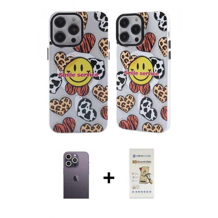 MARSİLYAN™- iPhone 12 Pro Max Kılıf Nova Doku Koleksiyonu - Siyah Mat Seramik Nano Ekran Koruyucu + Neon Fosforlu Kamera Lens - BZ
