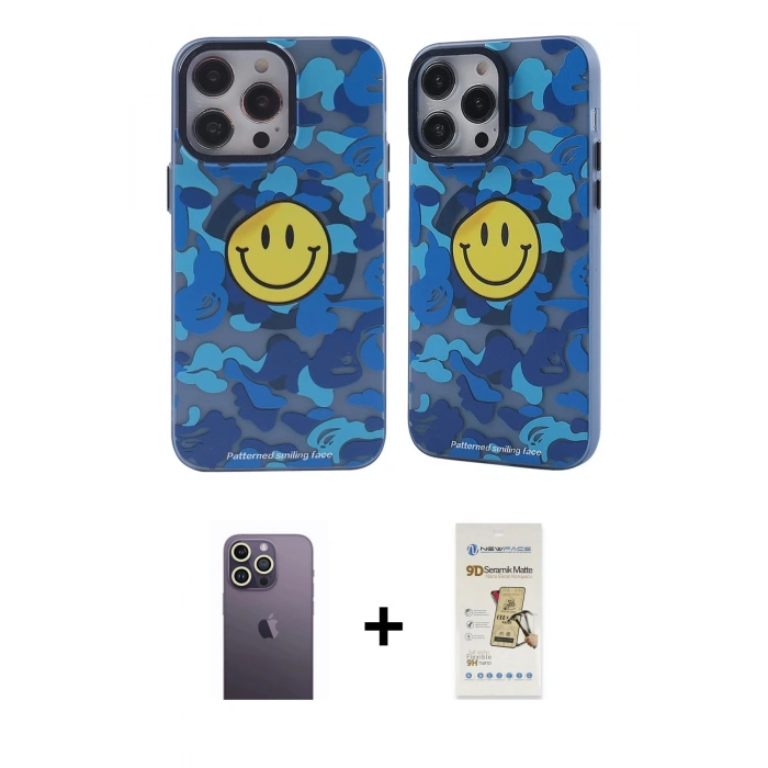 MARSİLYAN™- iPhone 12 Pro Max Kılıf Nova Doku Koleksiyonu - Siyah Mat Seramik Nano Ekran Koruyucu + Neon Fosforlu Kamera Lens - BZ