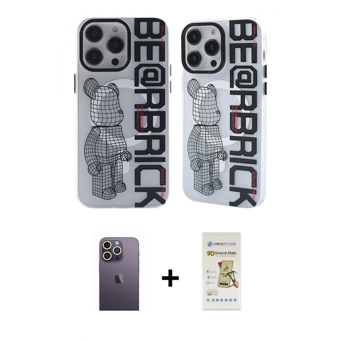 MARSİLYAN™- iPhone 12 Pro Max Kılıf Nova Doku Koleksiyonu - Siyah Mat Seramik Nano Ekran Koruyucu + Neon Fosforlu Kamera Lens - BZ