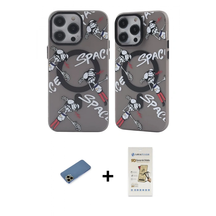 MARSİLYAN™- iPhone 12 Pro Max Kılıf Nova Doku Koleksiyonu - Siyah Mat Seramik Nano Ekran Koruyucu + Gold Shine Kamera Lens Koruma Cam