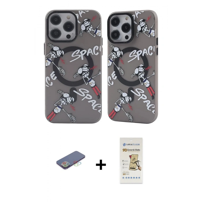 MARSİLYAN™- iPhone 12 Pro Max Kılıf Nova Doku Koleksiyonu - Siyah Mat Seramik Nano Ekran Koruyucu + Renkli Kamera Lens Koruma Cam - MI