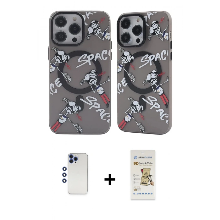 MARSİLYAN™- iPhone 12 Pro Max Kılıf Nova Doku Koleksiyonu - Siyah Mat Seramik Nano Ekran Koruyucu + Shine Kamera Lens - LT