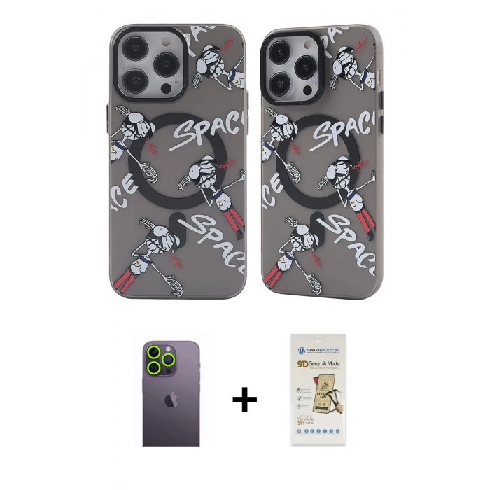 MARSİLYAN™- iPhone 12 Pro Max Kılıf Nova Doku Koleksiyonu - Siyah Mat Seramik Nano Ekran Koruyucu + Neon Fosforlu Kamera Lens - YL