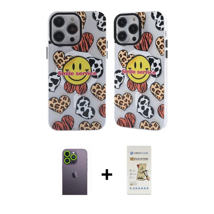 MARSİLYAN™- iPhone 12 Pro Max Kılıf Nova Doku Koleksiyonu - Siyah Mat Seramik Nano Ekran Koruyucu + Neon Fosforlu Kamera Lens - YL
