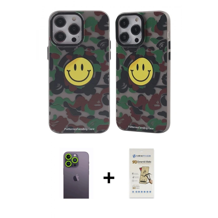 MARSİLYAN™- iPhone 12 Pro Max Kılıf Nova Doku Koleksiyonu - Siyah Mat Seramik Nano Ekran Koruyucu + Neon Fosforlu Kamera Lens - YL