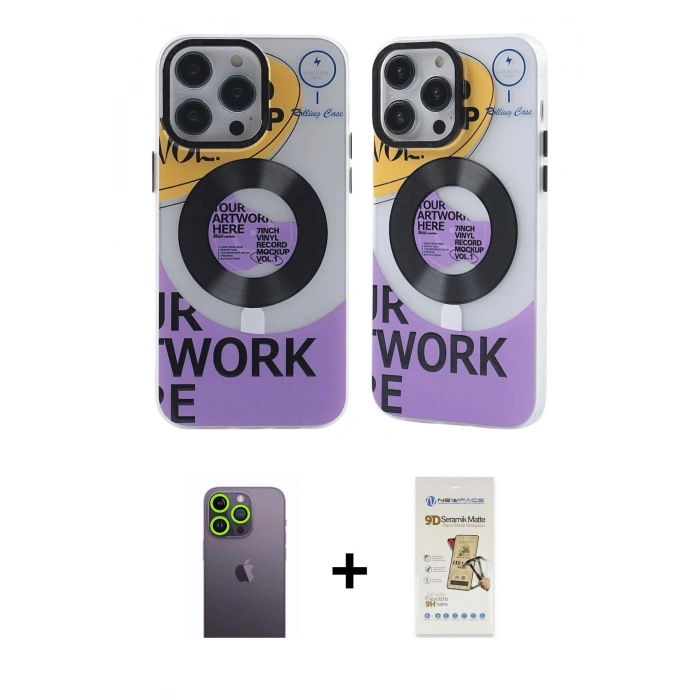 MARSİLYAN™- iPhone 12 Pro Max Kılıf Nova Doku Koleksiyonu - Siyah Mat Seramik Nano Ekran Koruyucu + Neon Fosforlu Kamera Lens - YL