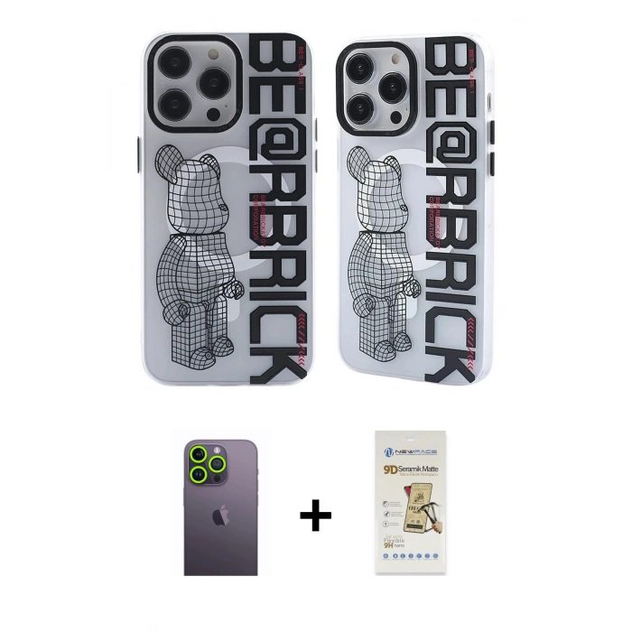 MARSİLYAN™- iPhone 12 Pro Max Kılıf Nova Doku Koleksiyonu - Siyah Mat Seramik Nano Ekran Koruyucu + Neon Fosforlu Kamera Lens - YL