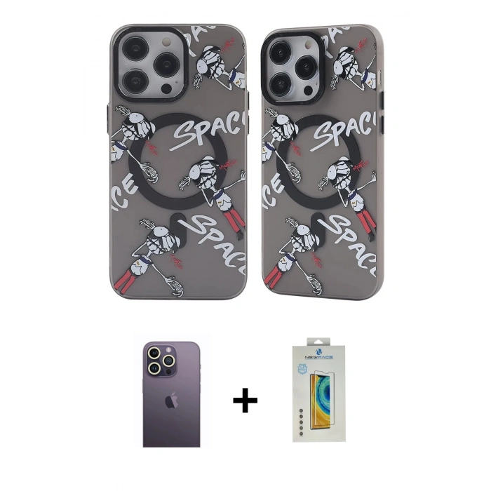 MARSİLYAN™- iPhone 12 Pro Max Kılıf Nova Doku Koleksiyonu - Siyah Polymer Nano Ekran Koruyucu + Beyaz Neon Fosforlu Kamera Lens