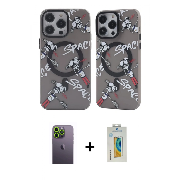 MARSİLYAN™- iPhone 12 Pro Max Kılıf Nova Doku Koleksiyonu - Siyah Polymer Nano Ekran Koruyucu + Neon Fosforlu Kamera Lens - YL