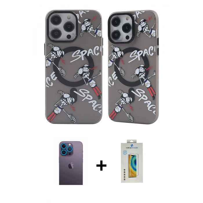 MARSİLYAN™- iPhone 12 Pro Max Kılıf Nova Doku Koleksiyonu - Siyah Polymer Nano Ekran Koruyucu + Neon Fosforlu Kamera Lens - MI