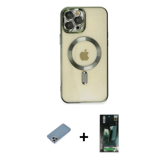 MARSİLYAN™- iPhone 12 Pro Max Kılıf Nova Işık Özel Seri - Şeffaf 360 Full Body Arka Koruyucu + Gökkuşağı Shine Kamera Lens Koruma Cam