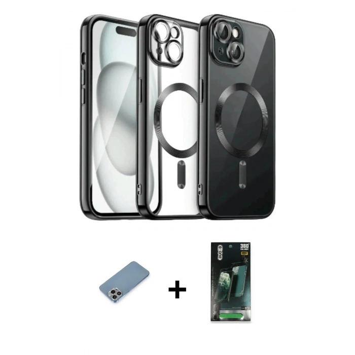 MARSİLYAN™- iPhone 12 Pro Max Kılıf Nova Işık Özel Seri - Şeffaf 360 Full Body Arka Koruyucu + Gökkuşağı Shine Kamera Lens Koruma Cam
