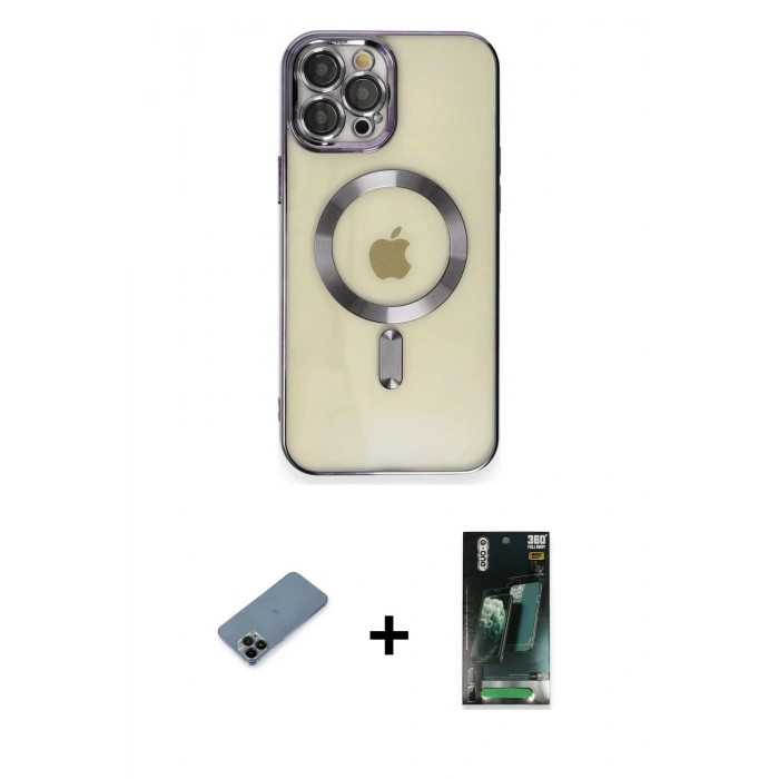 MARSİLYAN™- iPhone 12 Pro Max Kılıf Nova Işık Özel Seri - Şeffaf 360 Full Body Arka Koruyucu + Shine Kamera Lens Koruma Cam - SH