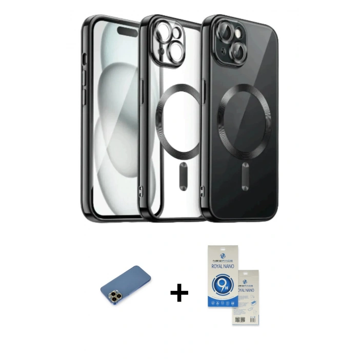MARSİLYAN™- iPhone 12 Pro Max Kılıf Nova Işık Özel Seri - Şeffaf Royal Nano Ekran Koruyucu + Gold Shine Kamera Lens Koruma Cam