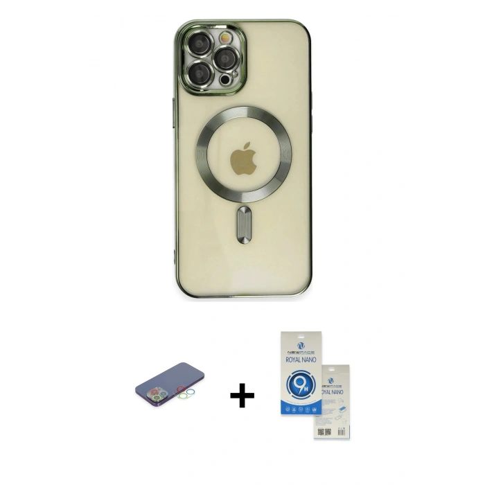 MARSİLYAN™- iPhone 12 Pro Max Kılıf Nova Işık Özel Seri - Şeffaf Royal Nano Ekran Koruyucu + Mavi Renkli Kamera Lens Koruma Cam