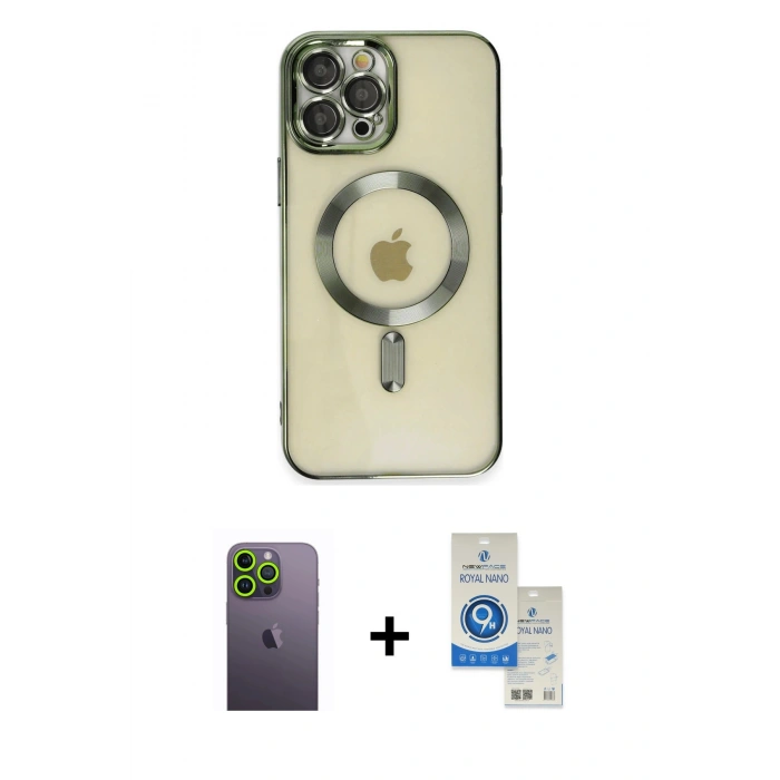 MARSİLYAN™- iPhone 12 Pro Max Kılıf Nova Işık Özel Seri - Şeffaf Royal Nano Ekran Koruyucu + Neon Fosforlu Kamera Lens - YL