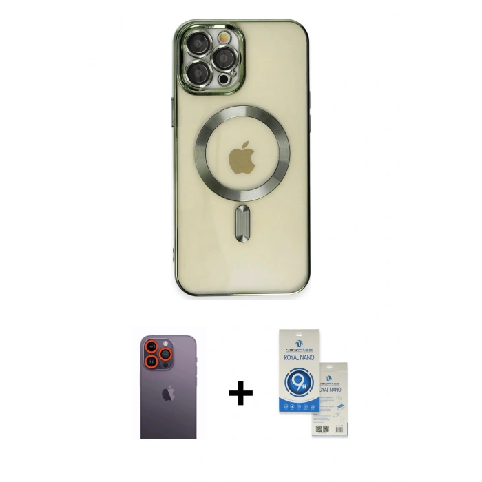 MARSİLYAN™- iPhone 12 Pro Max Kılıf Nova Işık Özel Seri - Şeffaf Royal Nano Ekran Koruyucu + Neon Fosforlu Kamera Lens - TU