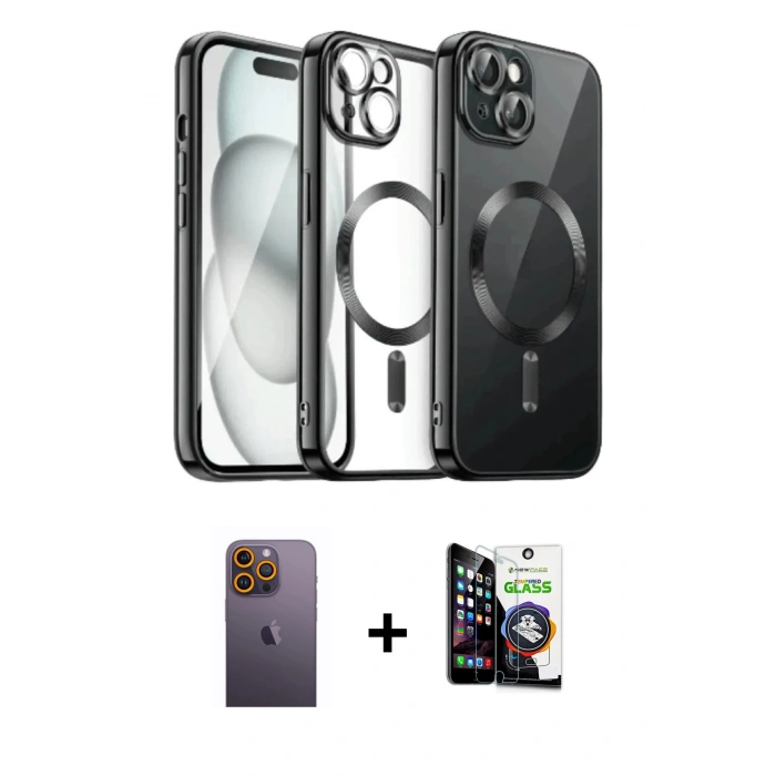 MARSİLYAN™- iPhone 12 Pro Max Kılıf Nova Işık Özel Seri - Şeffaf Temperli Cam Ekran Koruyucu + Neon Fosforlu Kamera Lens - SI
