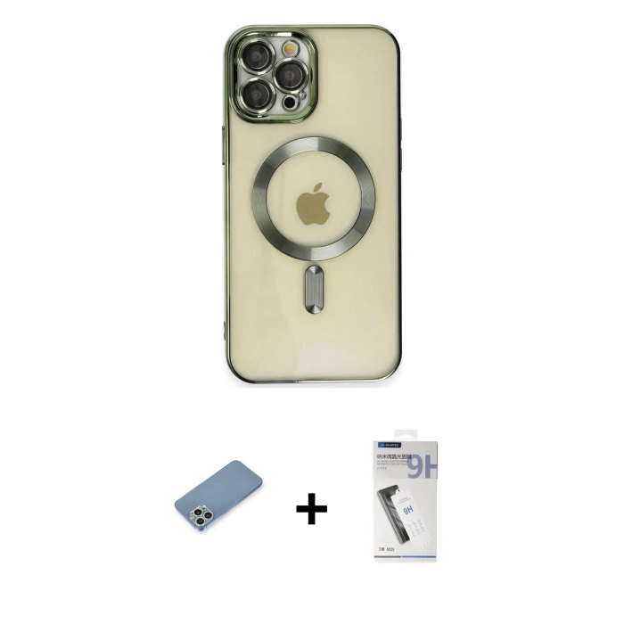 MARSİLYAN™- iPhone 12 Pro Max Kılıf Nova Işık Özel Seri - Şeffaf Uv Polymer Nano Ekran Koruyucu + Gümüş Shine Kamera Lens Koruma Cam