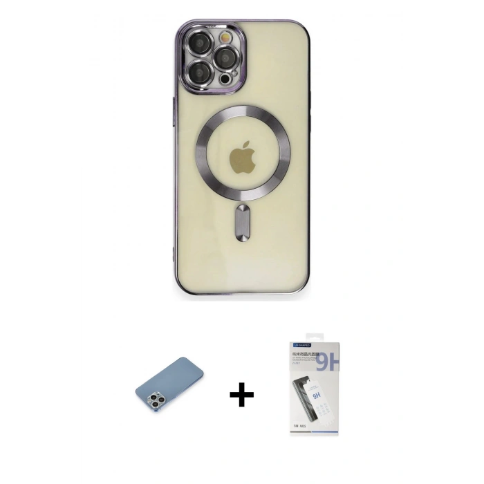 MARSİLYAN™- iPhone 12 Pro Max Kılıf Nova Işık Özel Seri - Şeffaf Uv Polymer Nano Ekran Koruyucu + Gümüş Shine Kamera Lens Koruma Cam