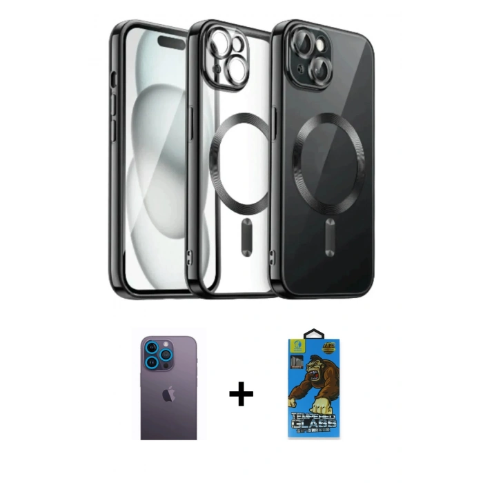 MARSİLYAN™- iPhone 12 Pro Max Kılıf Nova Işık Özel Seri - Siyah 18D Cam Ekran Koruyucu + Neon Fosforlu Kamera Lens - MI