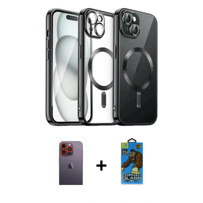 MARSİLYAN™- iPhone 12 Pro Max Kılıf Nova Işık Özel Seri - Siyah 18D Cam Ekran Koruyucu + Neon Fosforlu Kamera Lens - TU
