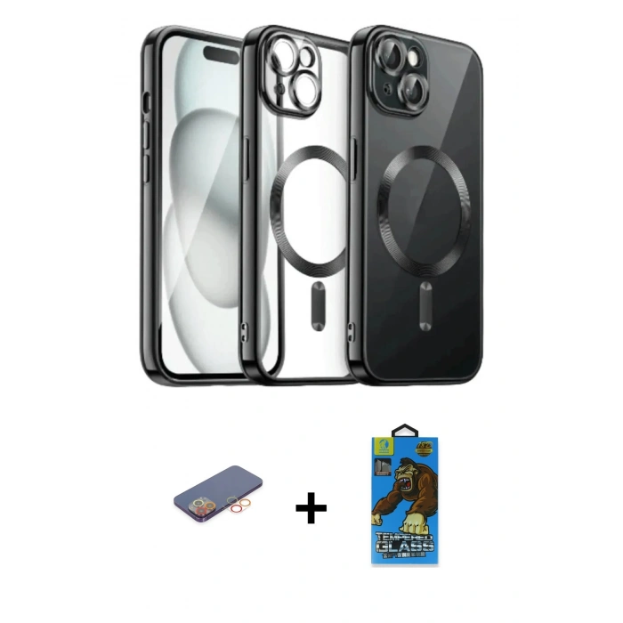 MARSİLYAN™- iPhone 12 Pro Max Kılıf Nova Işık Özel Seri - Siyah 18D Cam Ekran Koruyucu + Renkli Kamera Lens Koruma Cam - TU