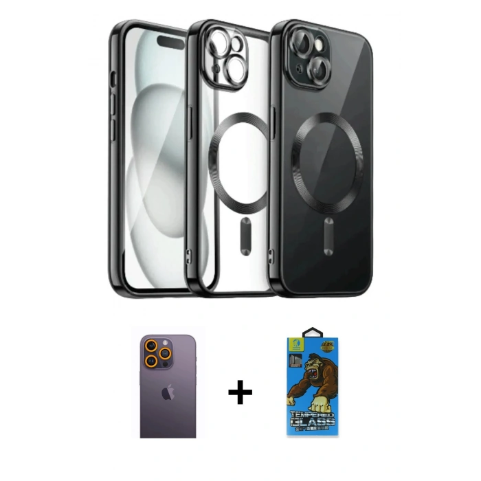 MARSİLYAN™- iPhone 12 Pro Max Kılıf Nova Işık Özel Seri - Siyah 18D Cam Ekran Koruyucu + Neon Fosforlu Kamera Lens - SI