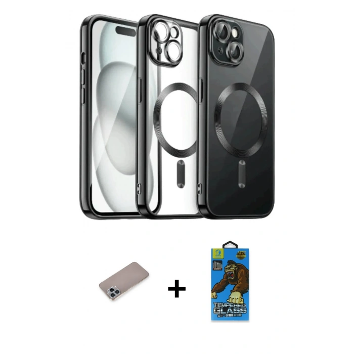 MARSİLYAN™- iPhone 12 Pro Max Kılıf Nova Işık Özel Seri - Siyah 18D Cam Ekran Koruyucu + Shine Kamera Lens Koruma Cam - SABE