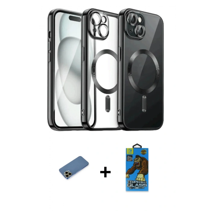 MARSİLYAN™- iPhone 12 Pro Max Kılıf Nova Işık Özel Seri - Siyah 18D Cam Ekran Koruyucu + Shine Kamera Lens Koruma Cam - GD