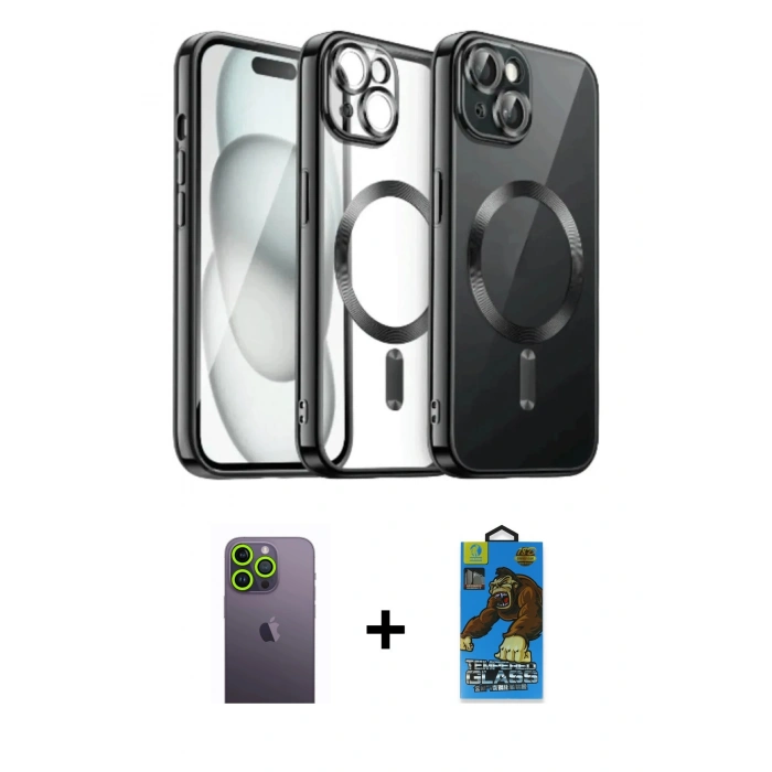 MARSİLYAN™- iPhone 12 Pro Max Kılıf Nova Işık Özel Seri - Siyah 18D Cam Ekran Koruyucu + Neon Fosforlu Kamera Lens - YL