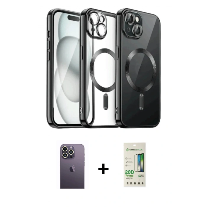 MARSİLYAN™- iPhone 12 Pro Max Kılıf Nova Işık Özel Seri - Siyah 20D Premium Cam Ekran Koruyucu + Neon Fosforlu Kamera Lens - BZ