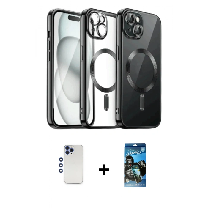MARSİLYAN™- iPhone 12 Pro Max Kılıf Nova Işık Özel Seri - Siyah 34D Izgaralı Cam + Shine Kamera Lens - LT