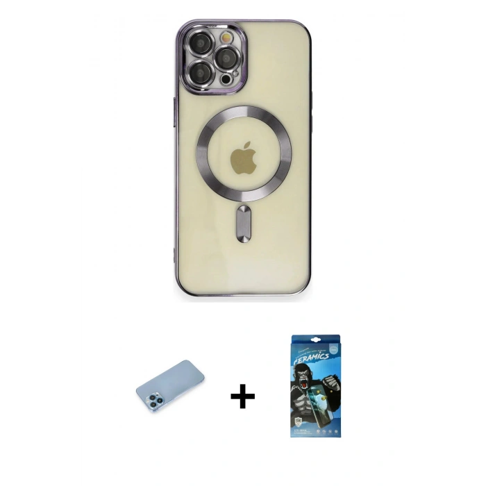 MARSİLYAN™- iPhone 12 Pro Max Kılıf Nova Işık Özel Seri - Siyah 34D Izgaralı Cam + Mavi Shine Kamera Lens Koruma Cam