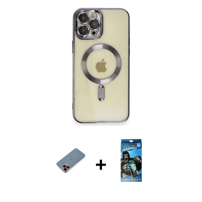 MARSİLYAN™- iPhone 12 Pro Max Kılıf Nova Işık Özel Seri - Siyah 34D Izgaralı Cam + Metal Kamera Lens Koruma Cam - KI