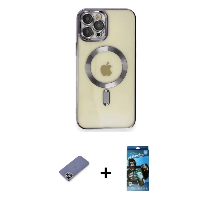 MARSİLYAN™- iPhone 12 Pro Max Kılıf Nova Işık Özel Seri - Siyah 34D Izgaralı Cam + Metal Kamera Lens Koruma Cam - GD