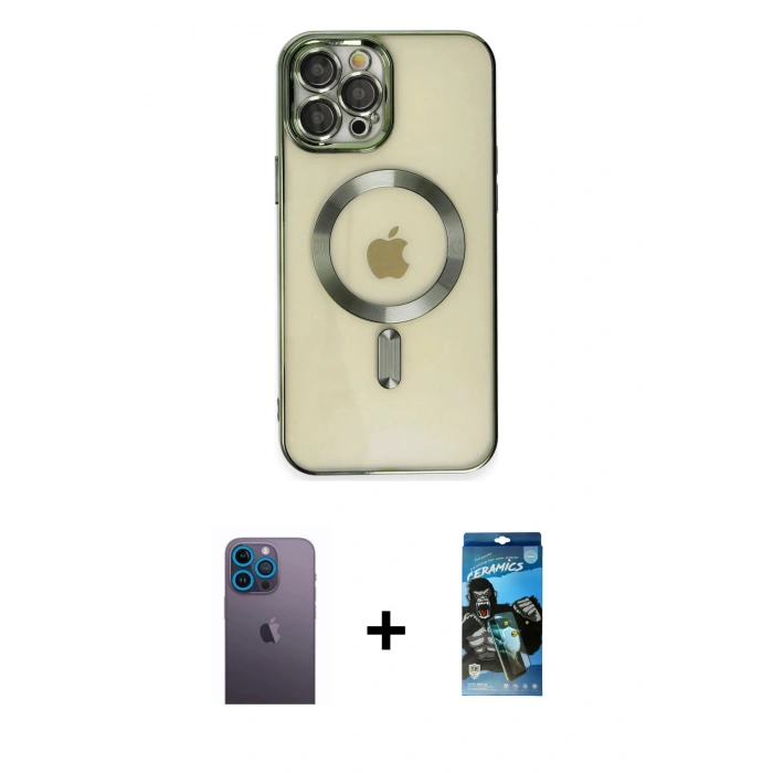 MARSİLYAN™- iPhone 12 Pro Max Kılıf Nova Işık Özel Seri - Siyah 34D Izgaralı Cam + Neon Fosforlu Kamera Lens - MI