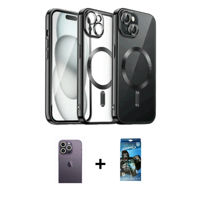 MARSİLYAN™- iPhone 12 Pro Max Kılıf Nova Işık Özel Seri - Siyah 34D Izgaralı Cam + Neon Fosforlu Kamera Lens - BZ