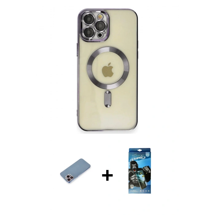 MARSİLYAN™- iPhone 12 Pro Max Kılıf Nova Işık Özel Seri - Siyah 34D Izgaralı Cam + Shine Kamera Lens Koruma Cam - PE