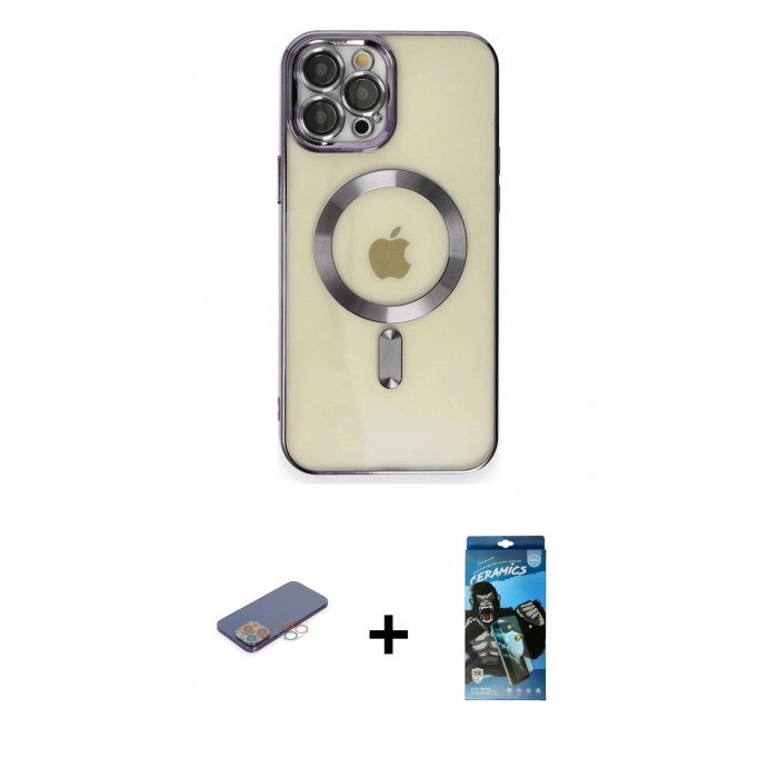 MARSİLYAN™- iPhone 12 Pro Max Kılıf Nova Işık Özel Seri - Siyah 34D Izgaralı Cam + Renkli Kamera Lens Koruma Cam - PE