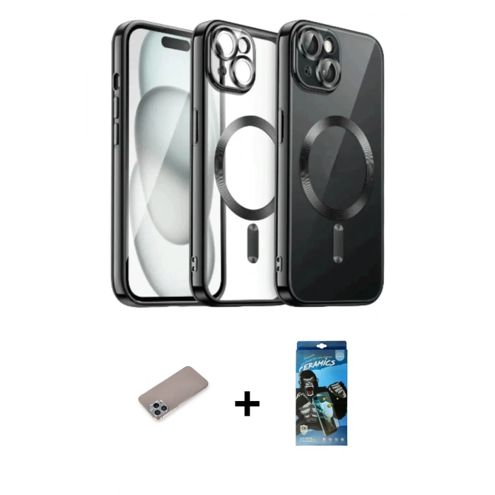 MARSİLYAN™- iPhone 12 Pro Max Kılıf Nova Işık Özel Seri - Siyah 34D Izgaralı Cam + Shine Kamera Lens Koruma Cam - SABE