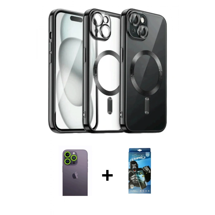 MARSİLYAN™- iPhone 12 Pro Max Kılıf Nova Işık Özel Seri - Siyah 34D Izgaralı Cam + Neon Fosforlu Kamera Lens - YL